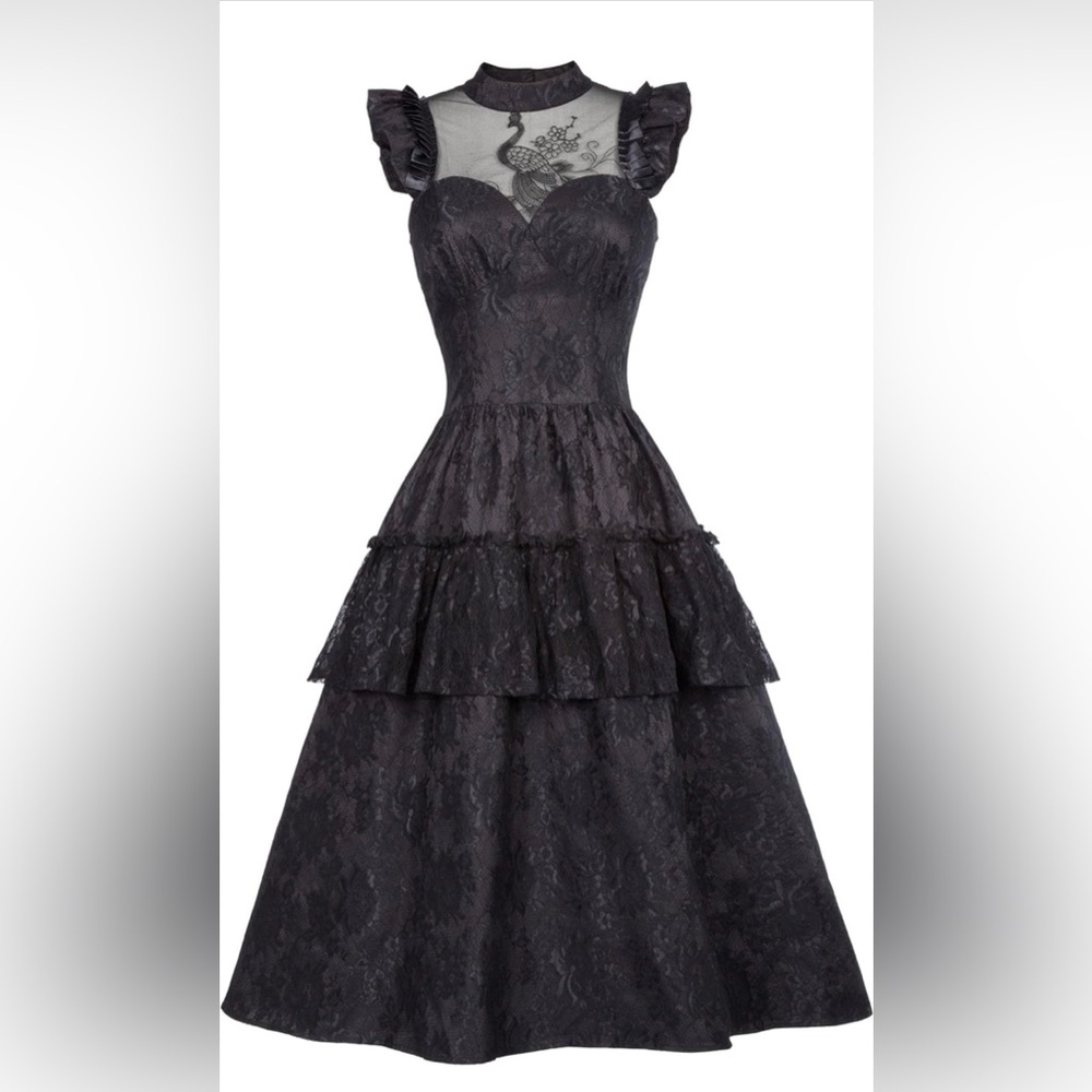 Womens Black Lace Tiered Midi Dress with Sheer Embroidered Yoke